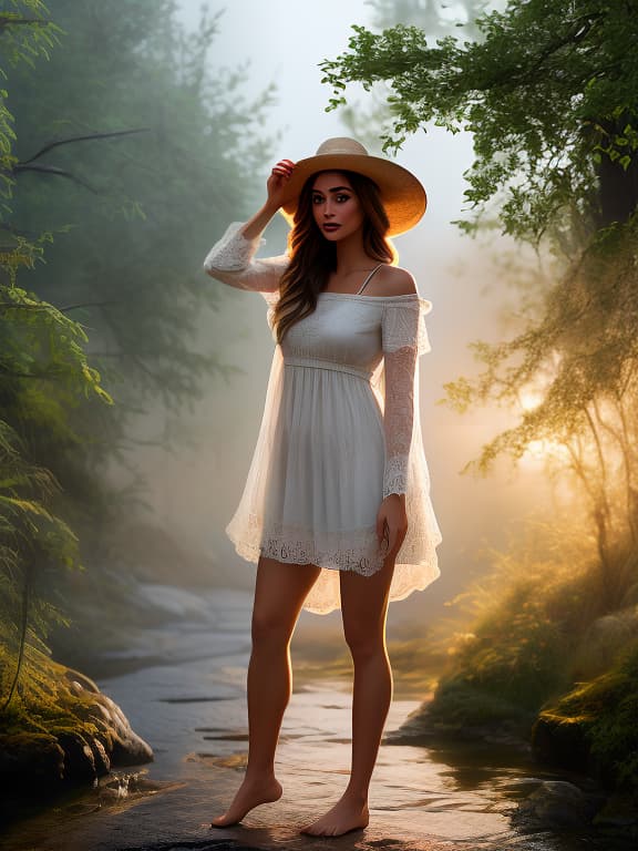  "A barefoot girl in a hat." hyperrealistic, full body, detailed clothing, highly detailed, cinematic lighting, stunningly beautiful, intricate, sharp focus, f/1. 8, 85mm, (centered image composition), (professionally color graded), ((bright soft diffused light)), volumetric fog, trending on instagram, trending on tumblr, HDR 4K, 8K