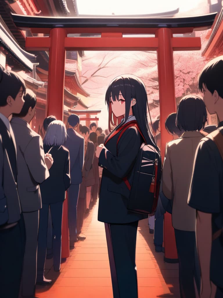  Kyoto,Kyoto trip, trip,black hair,half up,long hair,deep scarlet eyes,beautiful ,looking over the hit,a thousand torii,in a thousand torii,crowd of tourists,Fushimi Inari Taisha,high ,red ribbon on the ,uniform,blazer clothes,big s,backpackKyoto,Kyoto trip, trip,black hair,half up,long hair,deep scarlet eyes,beautiful ,looking over the hit,a thousand torii,in a thousand torii,crowd of tourists,Fushimi Inari Taisha,high ,red ribbon on the ,uniform,blazer clothes,big s,backpack、ultra detailed,best shadow,cute and beautiful face,(masterpiece:1.2),(best quality:1.2),detailed background,high contrast,(best illumination,an extremely delicate and beautiful),((cinematic light)),hyper detai