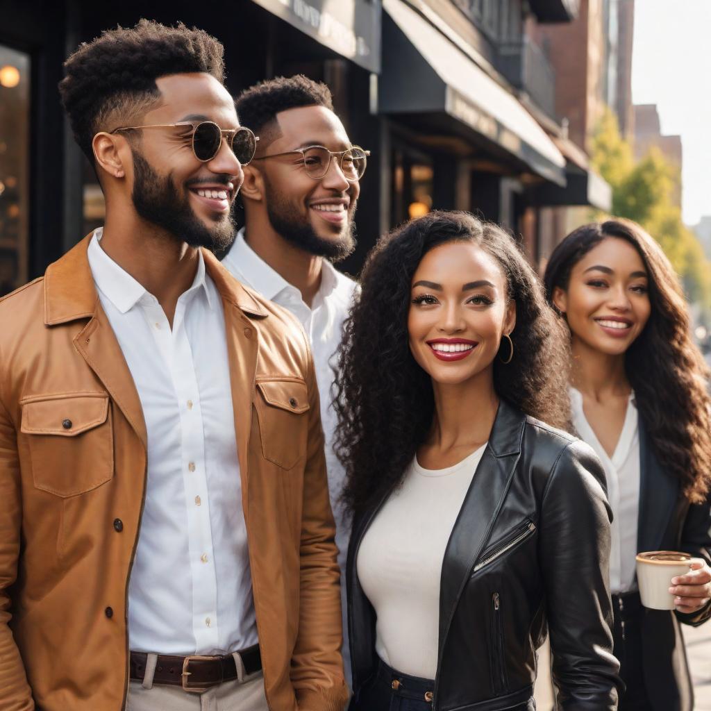  An illustration of five mixed-race people engaged in a conversation. The first person is a mix of White and Chinese with black hair, the second person is a blonde Japanese-mixed individual, the third person is a mix of African and White with dark curly brown hair, and two others also represent diverse ethnic backgrounds. They are standing in a friendly group, actively talking and smiling at each other. The backdrop is an urban setting like a coffee shop or a park with warm and inviting tones. hyperrealistic, full body, detailed clothing, highly detailed, cinematic lighting, stunningly beautiful, intricate, sharp focus, f/1. 8, 85mm, (centered image composition), (professionally color graded), ((bright soft diffused light)), volumetric fog, trending on instagram, trending on tumblr, HDR 4K, 8K