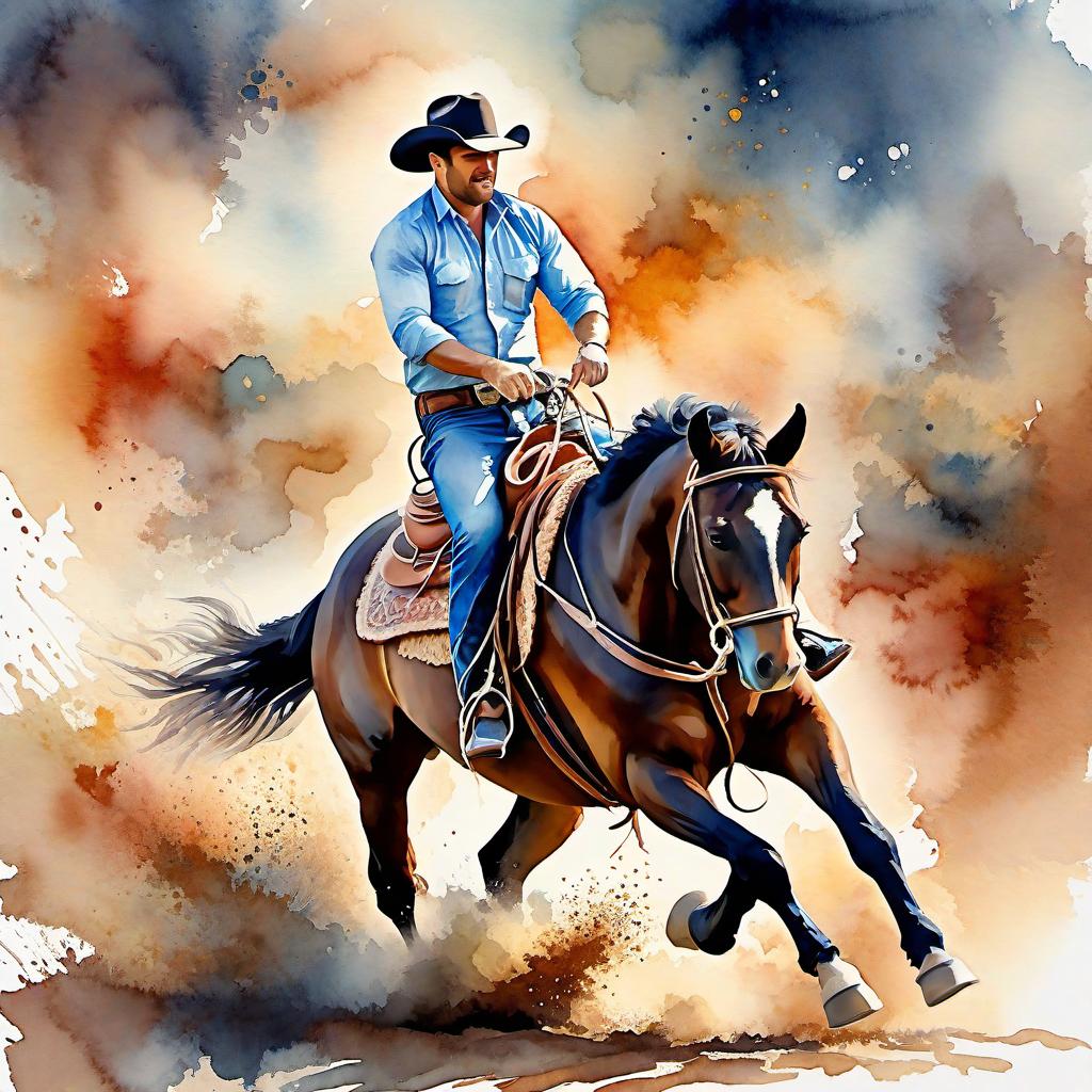  Create a watercolor painting of a man ridding a bucking horse at a rodeo. The background features soft, watercolor style splashes in earthy tones, giving the image an artistic and dreamy feel. Ensure the overall image has a delicate watercolor effect.