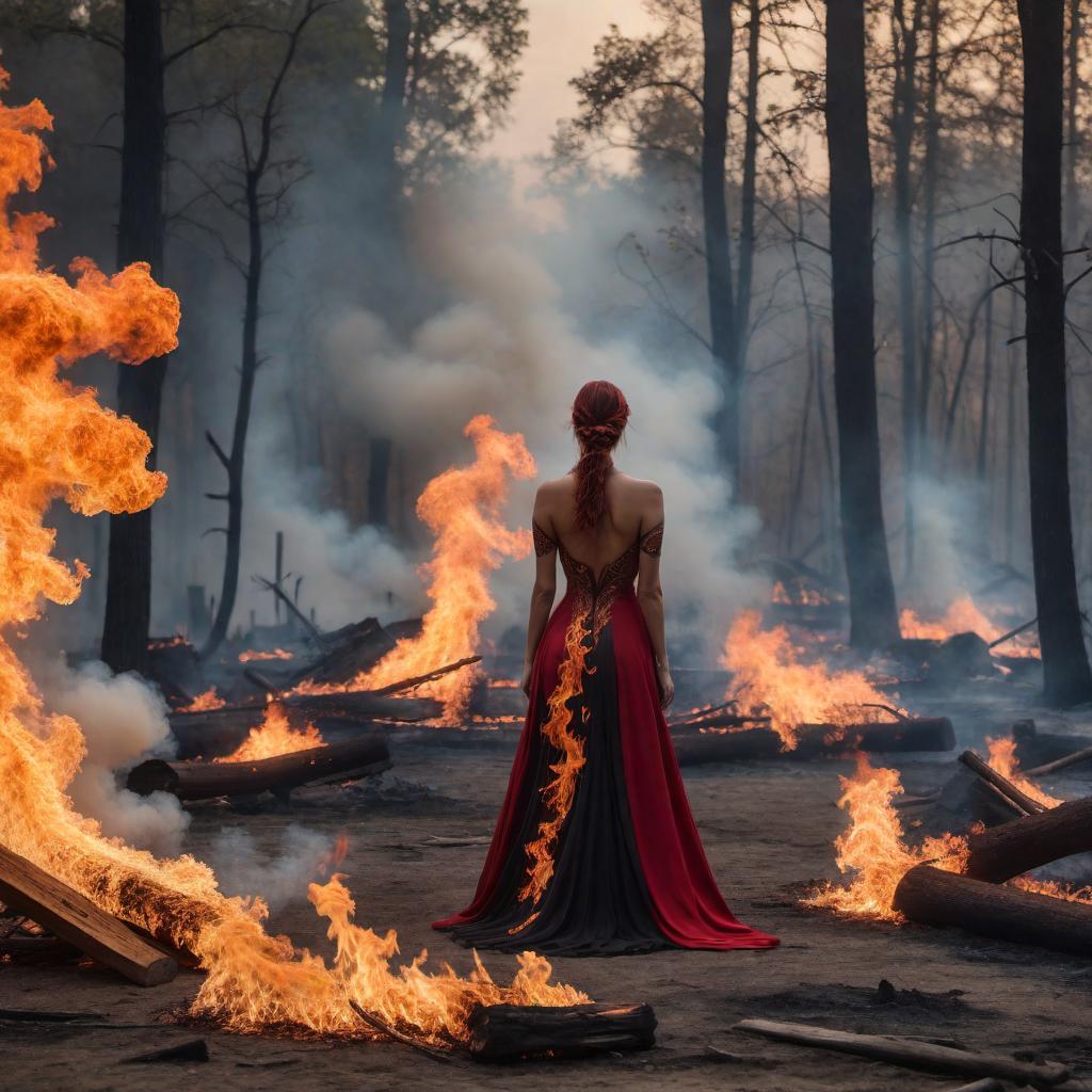  A visual representation of the following themes: 'Flames consume the echoes of old dreams, A single match ignites what's left behind. Infernos dance, devouring what's mine, In ashes, new beginnings gleam unseen.' The image should capture the intensity of fire consuming a past life, symbolizing destruction and the potential for new beginnings. Include an ignited match, flames, and ashes with a hint of new possibilities emerging. hyperrealistic, full body, detailed clothing, highly detailed, cinematic lighting, stunningly beautiful, intricate, sharp focus, f/1. 8, 85mm, (centered image composition), (professionally color graded), ((bright soft diffused light)), volumetric fog, trending on instagram, trending on tumblr, HDR 4K, 8K