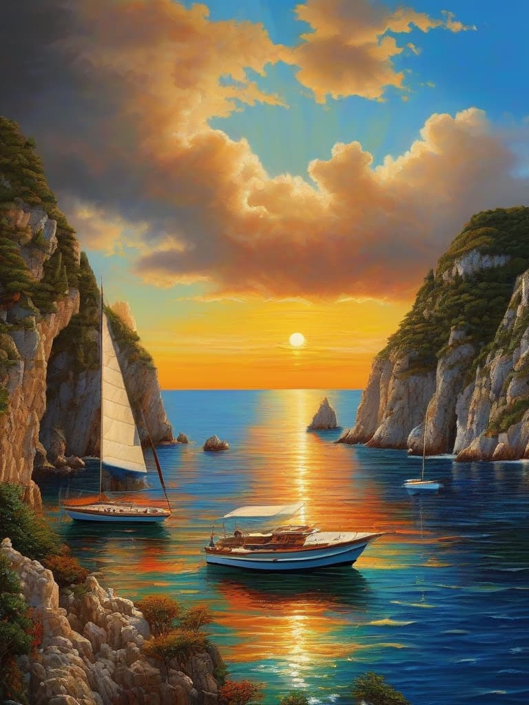  italy, capri coast, sea, sunny day, summer, sailing boat, clouds on the sky, oil painting style, , hyper detailed, masterpiece, hyperrealistic, high quality, sharp, highly detailed in Brooding landscapes, epic scale, German myth, layered symbolic density, pixel art, 32bits