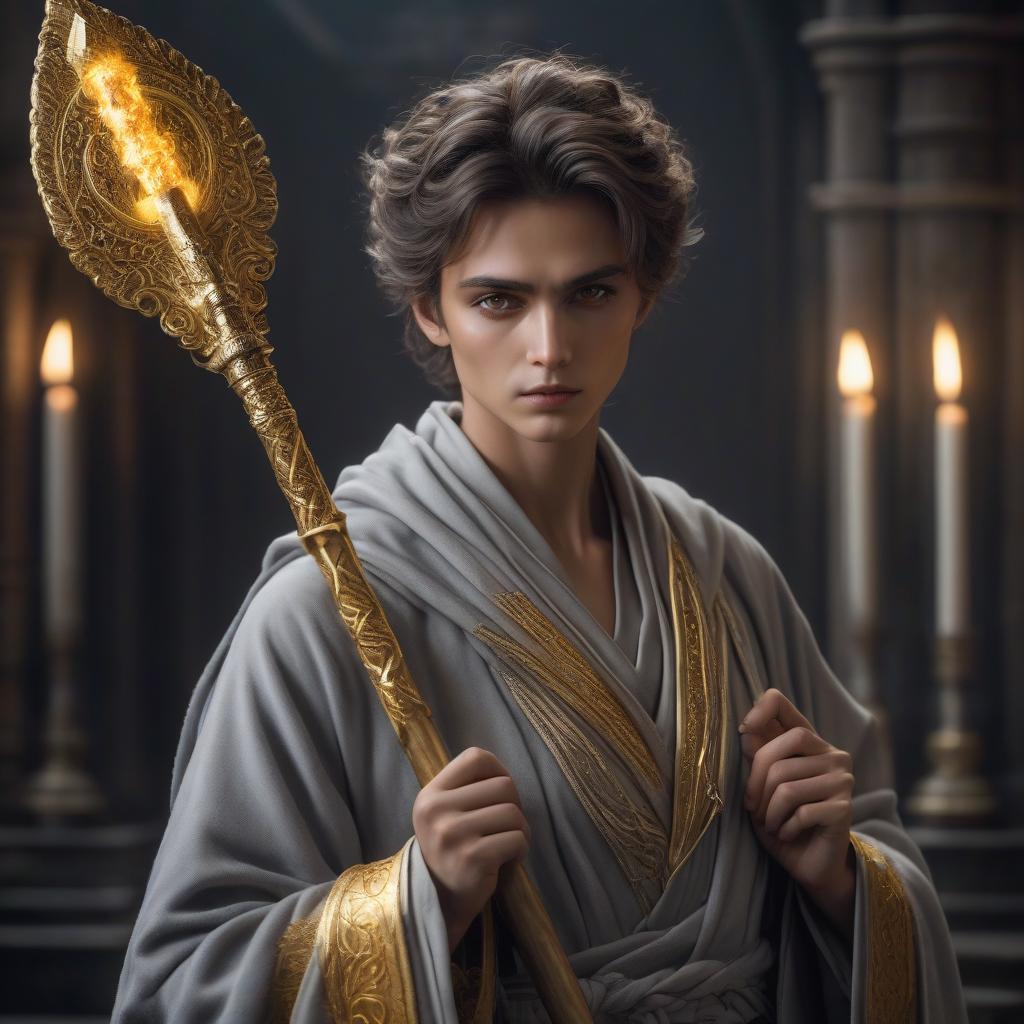  A young, smudged acolyte of a god in a gray robe with golden eyes and a staff. # Role: A skillful writer proficient in English, particularly in creating vivid descriptions and capturing the essence of a situation or character. # Explanation: This user prompt in Russian describes an image that can be interpreted as a young novice worshipper of a deity, with a gray robe, golden eyes, and a staff. My translation aims to retain the original descriptive elements while making it comprehensible in English. The use of adjectives such as "young," "smudged," and "mundane" gives the image a certain level of authenticity, while "skillful writer" highlights the ability to craft such descriptions. The verb "proficient" emphasizes the writer's expertise hyperrealistic, full body, detailed clothing, highly detailed, cinematic lighting, stunningly beautiful, intricate, sharp focus, f/1. 8, 85mm, (centered image composition), (professionally color graded), ((bright soft diffused light)), volumetric fog, trending on instagram, trending on tumblr, HDR 4K, 8K