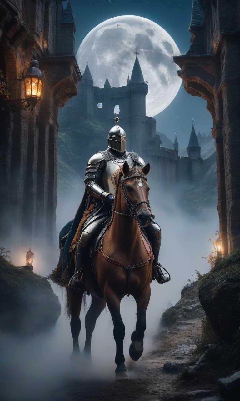  atmospheric castle fortress, squad of knights on horses, precise detailing, stars, moon, double exposures, epic, stellar vortex, painting, high resolution, beautifully, frame aesthetics, depth of field, many details, moody tones, bright colors, hyperrealistic, ultra HD, fantasy art, 30mm lens, 1/250s, f/2.8, ISO 100, 4k hyperrealistic, full body, detailed clothing, highly detailed, cinematic lighting, stunningly beautiful, intricate, sharp focus, f/1. 8, 85mm, (centered image composition), (professionally color graded), ((bright soft diffused light)), volumetric fog, trending on instagram, trending on tumblr, HDR 4K, 8K