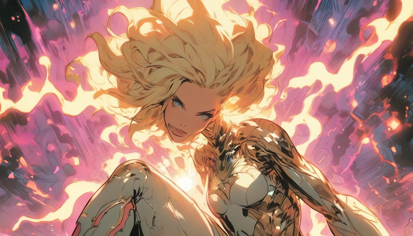  hyperrealism,fantasy aesthetic1woman, large busted attractive blonde arian female humanoid, surrounded by divine light, sacred symbols glowing around her, high tech clothing clad in sleek, futuristic costume with metallic accents and form fitting designs, marvel superhero comics style, unreal engine rendering