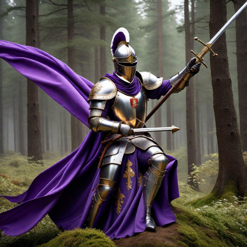  An image of purple knights in shining armor, riding majestic steeds and carrying banners with a coat of arms fluttering in the wind. hyperrealistic, full body, detailed clothing, highly detailed, cinematic lighting, stunningly beautiful, intricate, sharp focus, f/1. 8, 85mm, (centered image composition), (professionally color graded), ((bright soft diffused light)), volumetric fog, trending on instagram, trending on tumblr, HDR 4K, 8K