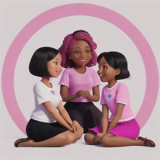  black and white women sitting in a circle talking. Wearing pink shirts looking happy to be together with a luxury background