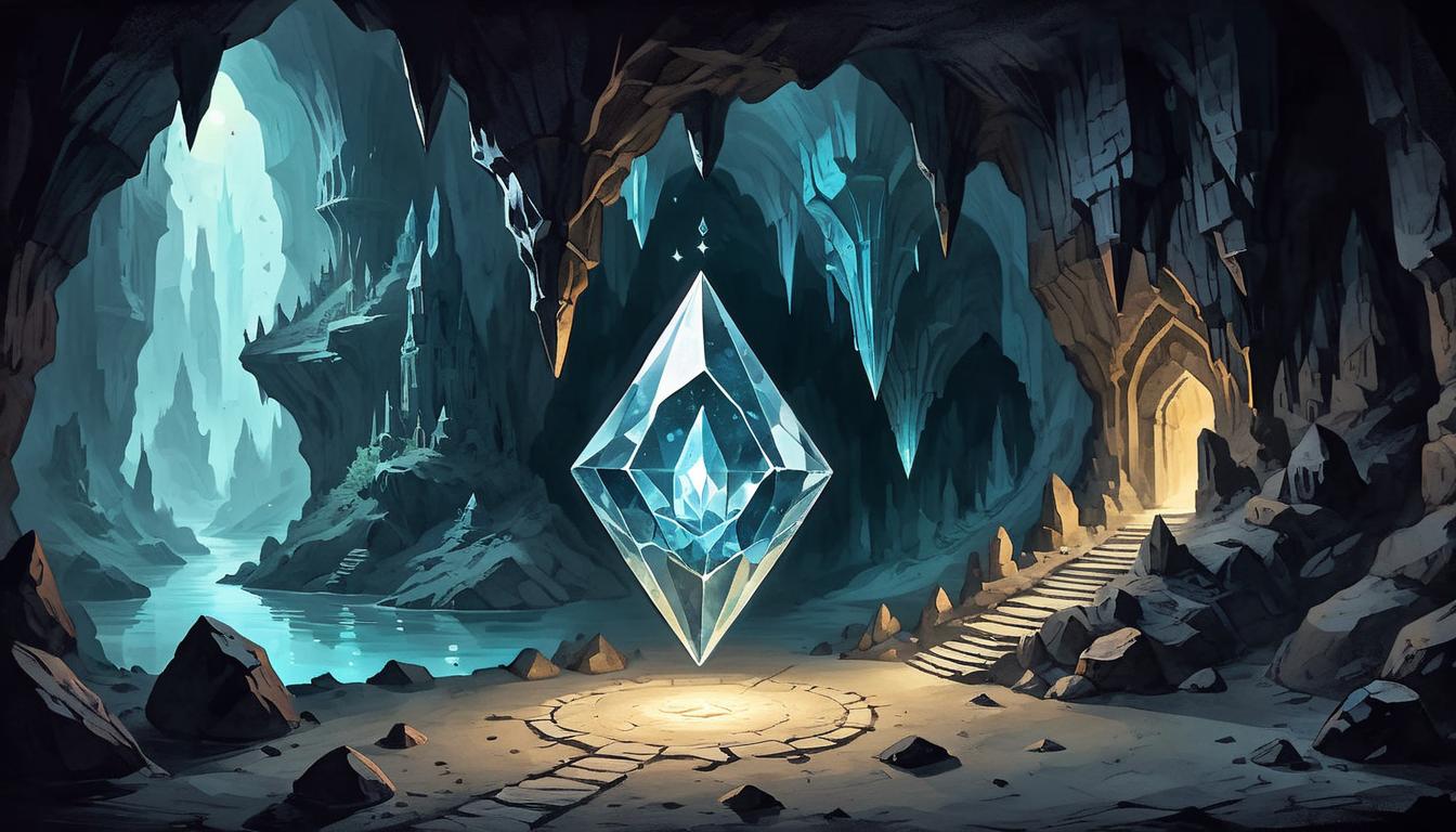  on parchment, surrealism+++, A glowing crystal in the middle of a dark cave, crystal illuminating the cave's walls, reflections of light creating mystical patterns, dark, mysterious, enlightening(mysterious, provocative, symbolic,muted color)+++