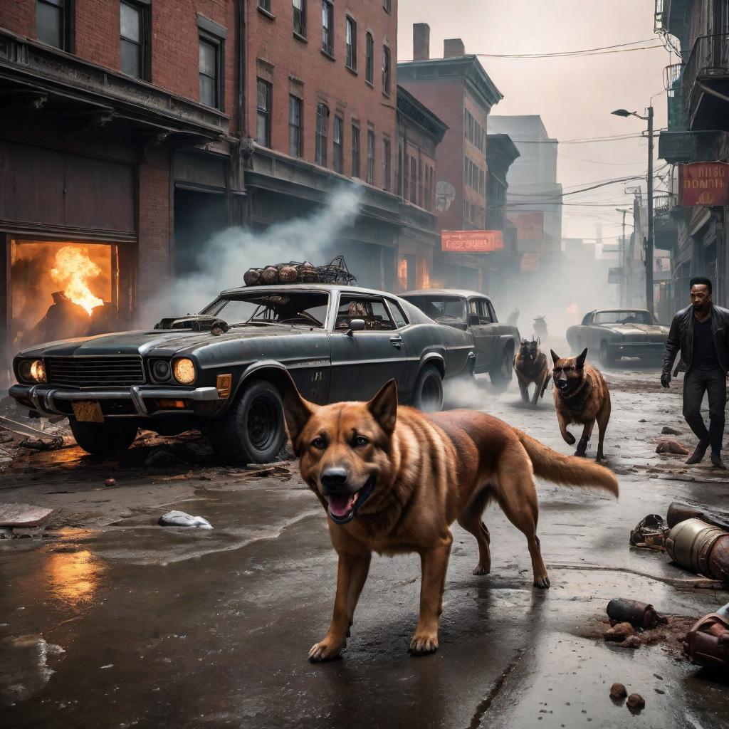  A chaotic scene with monster mad dogs on the loose chasing people. The dogs are monstrous with exaggerated features like sharp teeth, glowing eyes, and spiked fur. The setting is an urban area with people running in fear, some looking back in horror. The environment is filled with overturned objects, damaged cars, and a general sense of chaos and urgency. hyperrealistic, full body, detailed clothing, highly detailed, cinematic lighting, stunningly beautiful, intricate, sharp focus, f/1. 8, 85mm, (centered image composition), (professionally color graded), ((bright soft diffused light)), volumetric fog, trending on instagram, trending on tumblr, HDR 4K, 8K