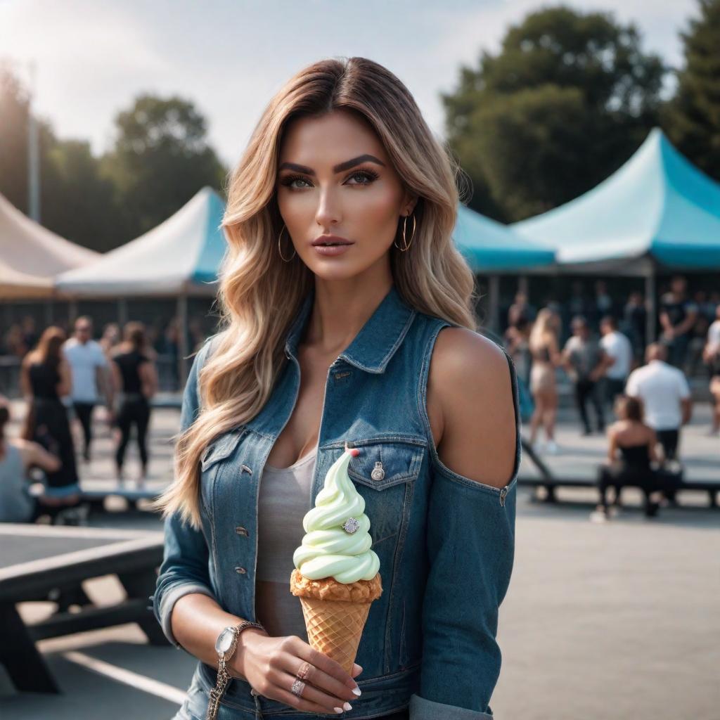  Beautiful female model wearing a diamond clustered ice cream cone pendant at a skatepark hyperrealistic, full body, detailed clothing, highly detailed, cinematic lighting, stunningly beautiful, intricate, sharp focus, f/1. 8, 85mm, (centered image composition), (professionally color graded), ((bright soft diffused light)), volumetric fog, trending on instagram, trending on tumblr, HDR 4K, 8K