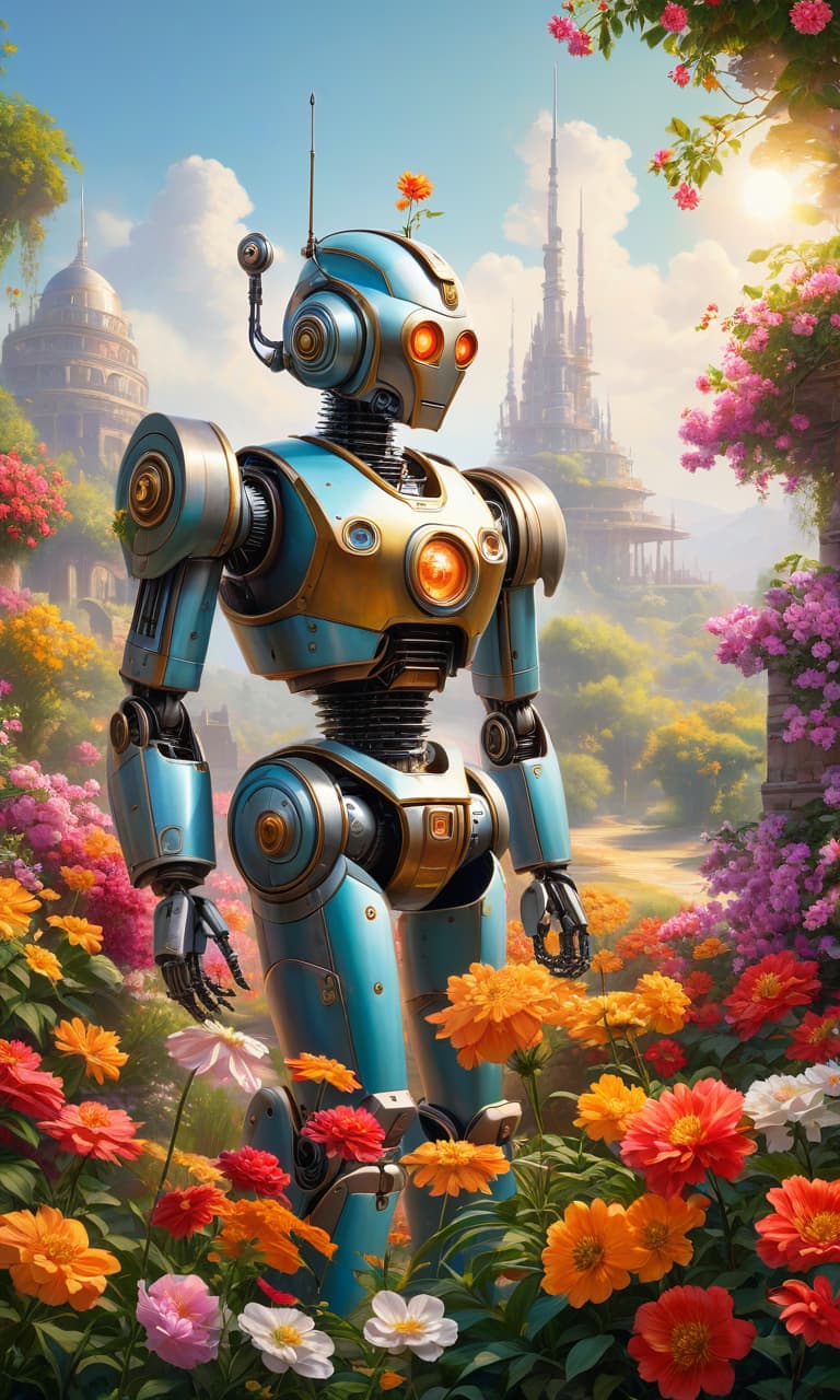  retro game art robot artist, robot paints, bright charming kind beautiful magic robot artist, robot paints a picture with paints, soft natural light, warm colors, summer, flowers, beauty, details . 16 bit, vibrant colors, pixelated, nostalgic, charming, fun hyperrealistic, full body, detailed clothing, highly detailed, cinematic lighting, stunningly beautiful, intricate, sharp focus, f/1. 8, 85mm, (centered image composition), (professionally color graded), ((bright soft diffused light)), volumetric fog, trending on instagram, trending on tumblr, HDR 4K, 8K