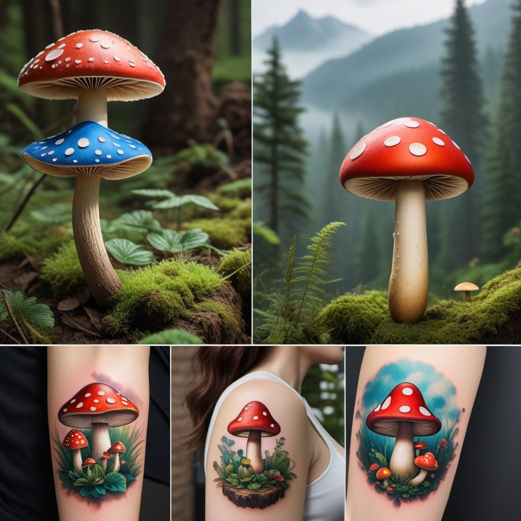  Create a tattoo design of a mushroom inspired by the Super Mario Bros game. The mushroom should be colorful and whimsical, resembling the iconic mushroom power-up from the game. Include elements like vibrant colors, dots on the cap, and a whimsical design. hyperrealistic, full body, detailed clothing, highly detailed, cinematic lighting, stunningly beautiful, intricate, sharp focus, f/1. 8, 85mm, (centered image composition), (professionally color graded), ((bright soft diffused light)), volumetric fog, trending on instagram, trending on tumblr, HDR 4K, 8K