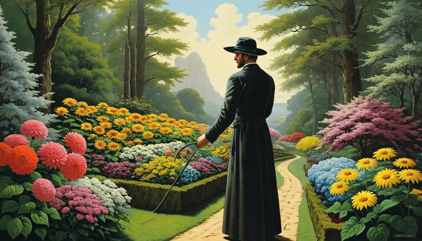  （surrealism)A figure carefully selecting flowers from a garden, representation of relationships, choice, value mystic, intricate details, best quality)