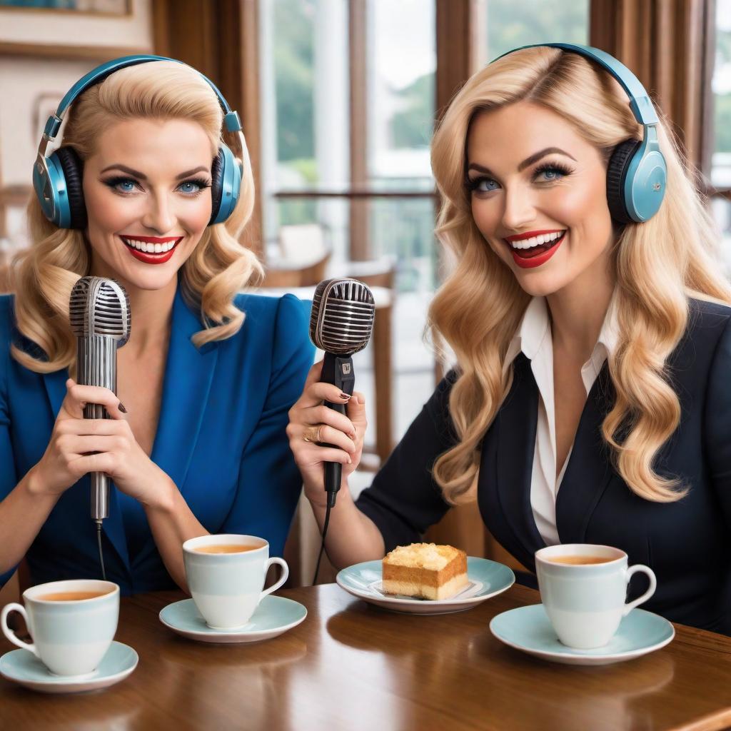  Podcast cover featuring two women in a cartoon style, both laughing and having fun with a microphone between them. One woman has blonde hair and blue eyes, and the other has brown hair and brown eyes. They are in a tea room in Palm Beach, dressed in a 60s retro vibe. The setting is inviting and charming, with vibrant colors, capturing the fun and relaxed atmosphere. The cover should be visually appealing to attract listeners. hyperrealistic, full body, detailed clothing, highly detailed, cinematic lighting, stunningly beautiful, intricate, sharp focus, f/1. 8, 85mm, (centered image composition), (professionally color graded), ((bright soft diffused light)), volumetric fog, trending on instagram, trending on tumblr, HDR 4K, 8K