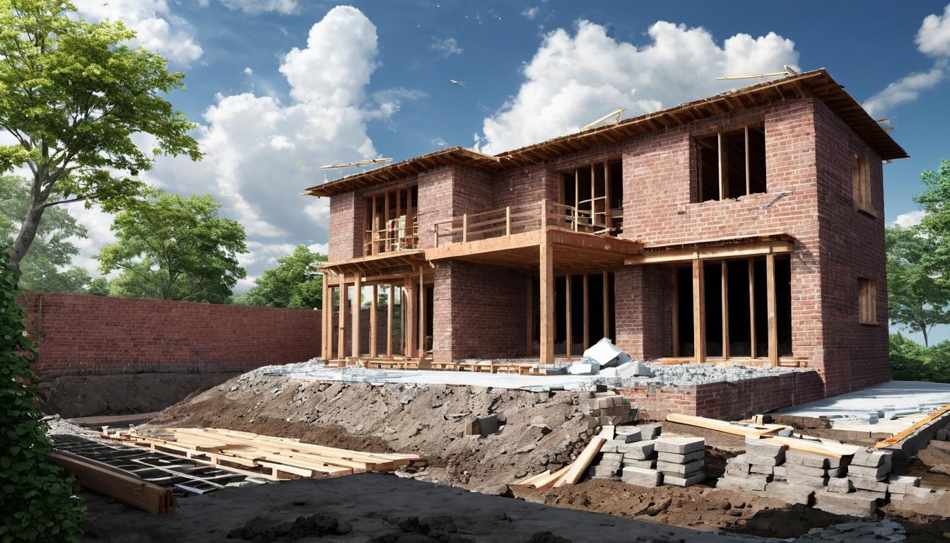  digital illustration, foundation of a house under construction, bricks and mortar visible, a half built wall, sky overhead is partly cloudy, suggesting hope, work in progress, critical evaluation, realization, looking at viewer, dynamic pose, (intricate details, masterpiece, best quality)