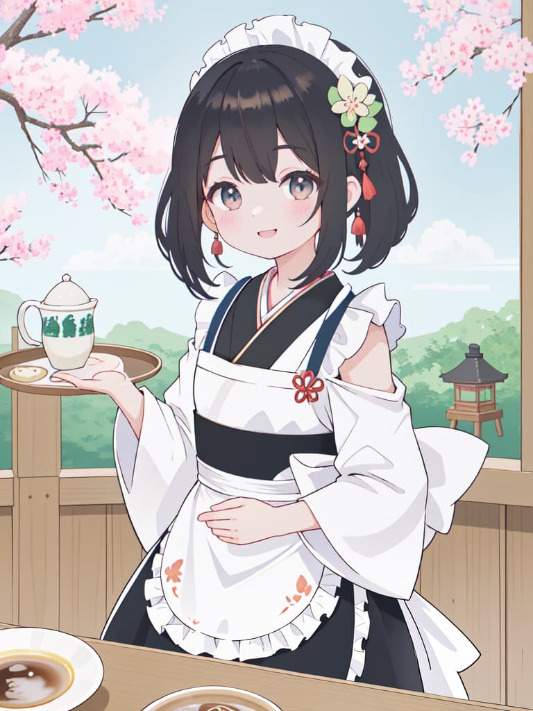  Japanese Painting Style, FRILL APRON, BARE SHOULDER, CARRY A TRAY, HAPPY SMILE, Japanese Cafe, Best Quality: 1.4, ULTRA DETALED EXTURE, Raw PhotOREALISTIC, Absurd Resolution, 8k Illustration, 💩, 💩, 💩, 💩, 💩, 💩,, masterpiece, best quality,8k,ultra detailed,high resolution,an extremely delicate and beautiful,hyper detail