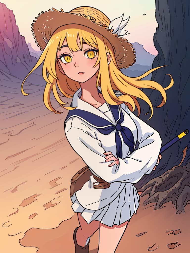  (score 9), score 8 up, highres, 1girl, anime, school uniform, straw hat, desert hyperrealistic, full body, detailed clothing, highly detailed, cinematic lighting, stunningly beautiful, intricate, sharp focus, f/1. 8, 85mm, (centered image composition), (professionally color graded), ((bright soft diffused light)), volumetric fog, trending on instagram, trending on tumblr, HDR 4K, 8K