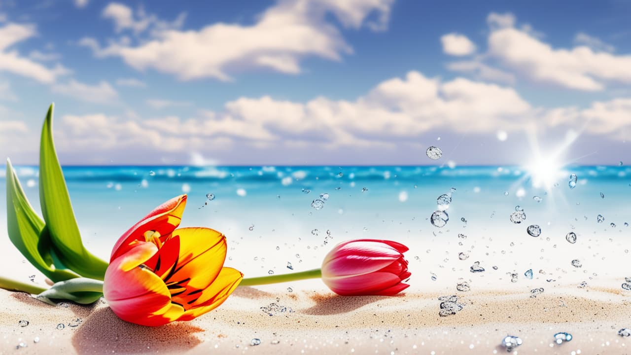  best quality, HD, Beach summer panoramic background with Tulip flower on the cristal sand and glory water