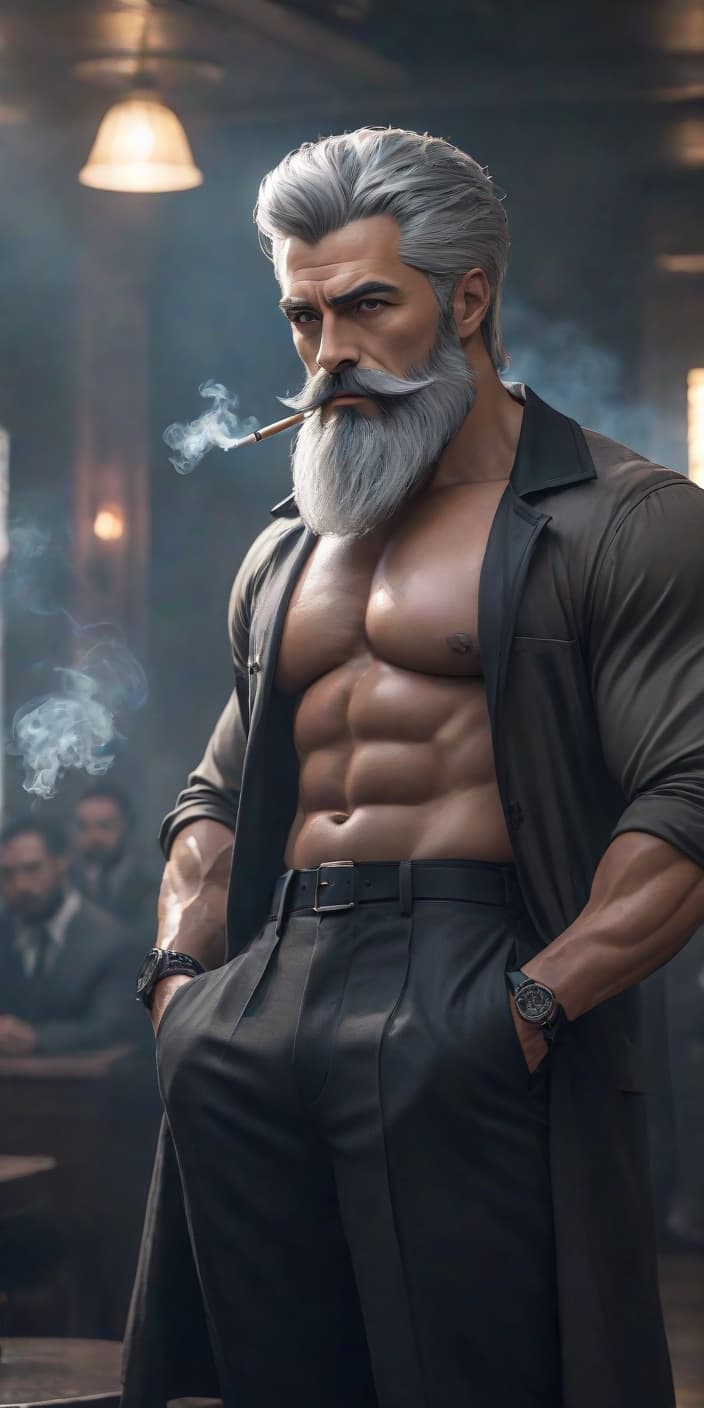  beard, muscles, gray hair, gangster, smoking hyperrealistic, full body, detailed clothing, highly detailed, cinematic lighting, stunningly beautiful, intricate, sharp focus, f/1. 8, 85mm, (centered image composition), (professionally color graded), ((bright soft diffused light)), volumetric fog, trending on instagram, trending on tumblr, HDR 4K, 8K