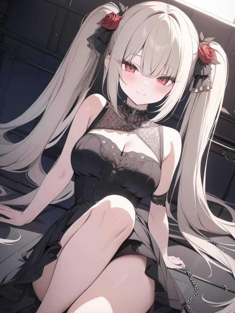  Hair colored beige, black gothic fashion, twin tails, long hair, rose motifs, smiles, eyes red, discarded, chain, masterpiece, best quality,8k,ultra detailed,high resolution,an extremely delicate and beautiful,hyper detail