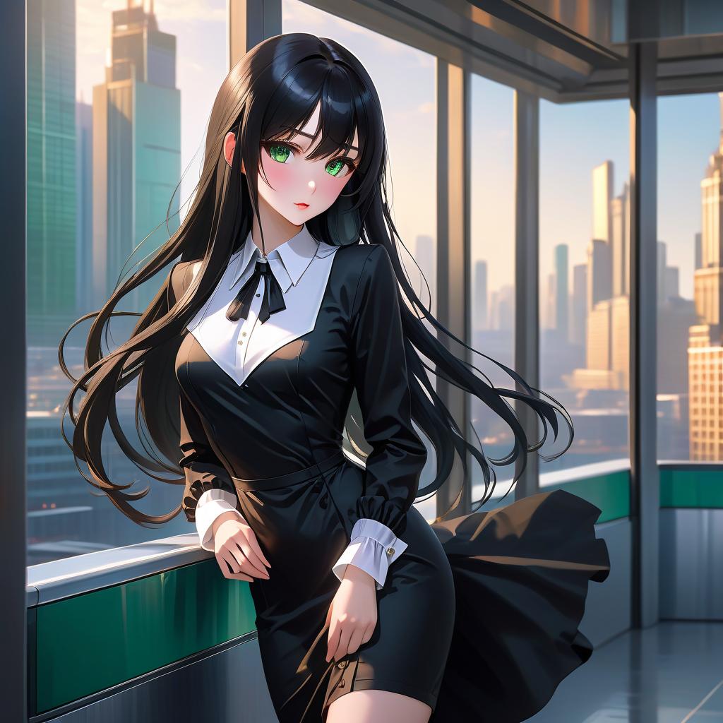  anime artwork beautiful , , white skinned, European, brown eyes, long brown straight hair, slender figure, small neat s, dressed in a black dress with a white collar and white cuffs, full length, against the backdrop of a modern city. Skyscrs of Moscow City (photorealism, oil painting: 1.3), (full length shot: 1.3), charming , long flowing black hair, (large sensual mouth: 1.2), plump lips, sparkling emerald eyes , narrow waist, (sensual drawing: 1.2), silvery glow, ethereal aura, detailed brushwork, intricate shadows and highlights, mysterious and captivating expression, unique color palette, masterful use of light and shadow, captivating atmosphere, pure emotion, intense gaze, dynamic composition. . an hyperrealistic, full body, detailed clothing, highly detailed, cinematic lighting, stunningly beautiful, intricate, sharp focus, f/1. 8, 85mm, (centered image composition), (professionally color graded), ((bright soft diffused light)), volumetric fog, trending on instagram, trending on tumblr, HDR 4K, 8K