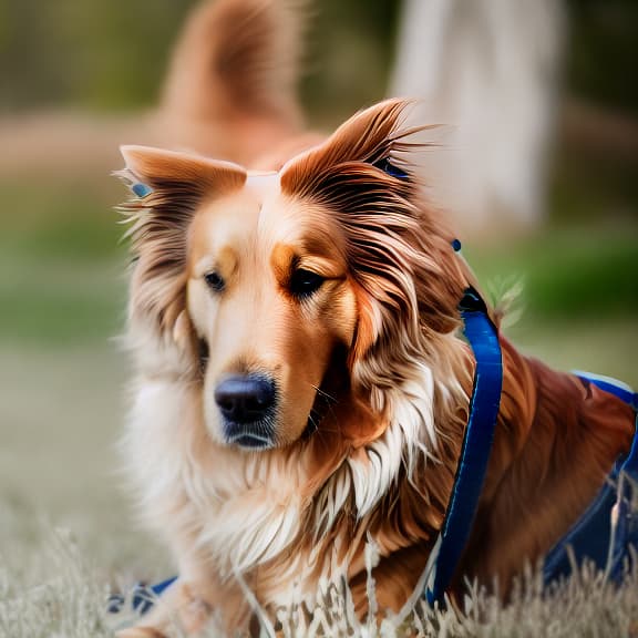  masterpiece, high quality, 4K, HDR BREAK A golden retriever dog BREAK Wearing a red collar, standing on a grassy field BREAK Full body shot, facing the camera BREAK Outdoor, sunny day with blue sky hyperrealistic, full body, detailed clothing, highly detailed, cinematic lighting, stunningly beautiful, intricate, sharp focus, f/1. 8, 85mm, (centered image composition), (professionally color graded), ((bright soft diffused light)), volumetric fog, trending on instagram, trending on tumblr, HDR 4K, 8K