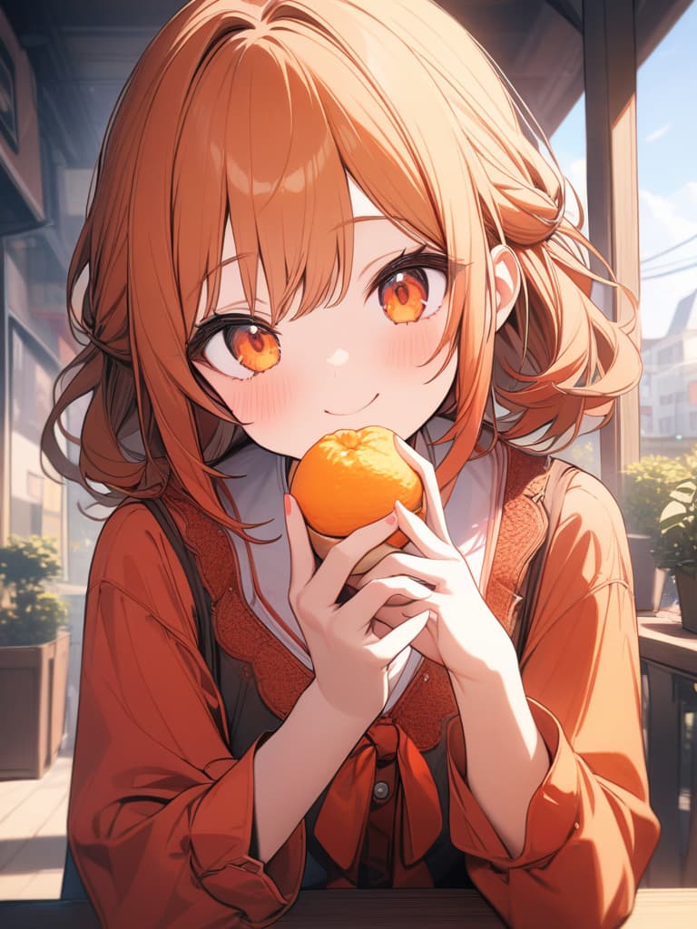  Cute, , face, , big eyes, orange hair color, orange eyes, dumpling hair, dress, smiling, tangerine, tangerine eating, young face, masterpiece, best quality,8k,ultra detailed,high resolution,an extremely delicate and beautiful,hyper detail