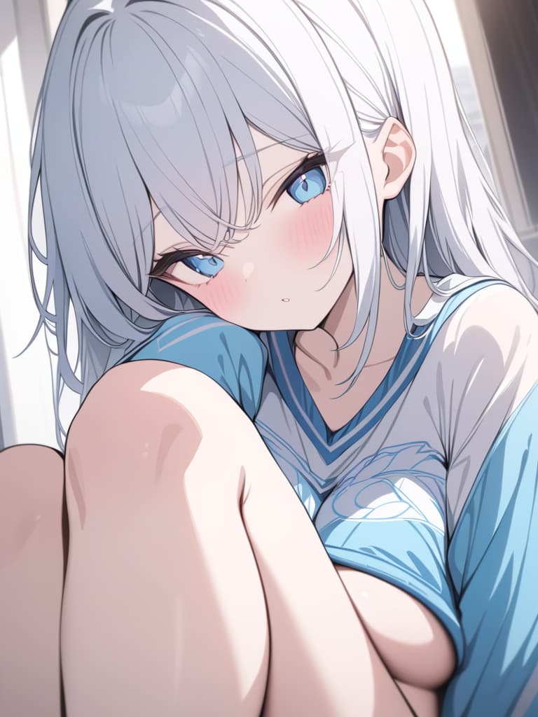  Cute, subculture, jerseys, moe sleeves, white hair, light blue, angel, light blue eye, piece, masterpiece, best quality,8k,ultra detailed,high resolution,an extremely delicate and beautiful,hyper detail