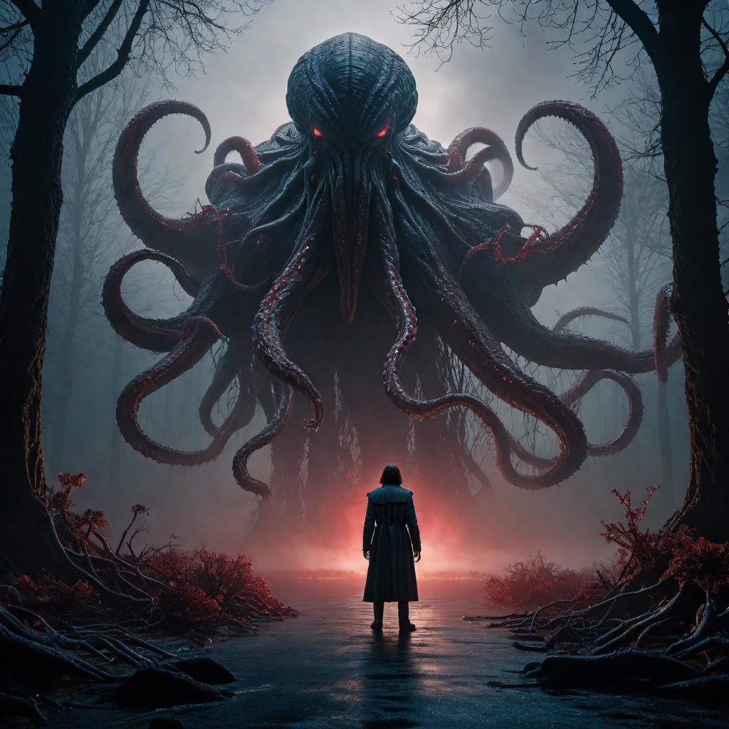  A detailed and eerie depiction of the Mind Flayer from Stranger Things. The creature is massive and menacing, with a dark, shadowy form that consists of writhing tentacles. Its presence exudes a sense of dread and danger, with glowing red eyes that pierce through the darkness. The scene captures the unsettling atmosphere of the Upside Down, with a dimly lit, ominous background full of twisted, lifeless trees and dark, swirling mist. hyperrealistic, full body, detailed clothing, highly detailed, cinematic lighting, stunningly beautiful, intricate, sharp focus, f/1. 8, 85mm, (centered image composition), (professionally color graded), ((bright soft diffused light)), volumetric fog, trending on instagram, trending on tumblr, HDR 4K, 8K