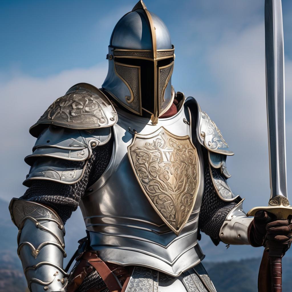  A plain, white coffee cup with a handle.A detailed image of a medieval knight standing with a sword and shield. The knight is wearing intricately designed armor with visible engravings and a blue and gold color scheme. The helmet has a visor, and the armor has chainmail visible at the joints. The knight is in a neutral pose, facing forward. The background should be plain white or transparent, ensuring no shadows or distractions. The lighting should be even and natural, highlighting the details of the armor from the front and slightly to the right hyperrealistic, full body, detailed clothing, highly detailed, cinematic lighting, stunningly beautiful, intricate, sharp focus, f/1. 8, 85mm, (centered image composition), (professionally color graded), ((bright soft diffused light)), volumetric fog, trending on instagram, trending on tumblr, HDR 4K, 8K