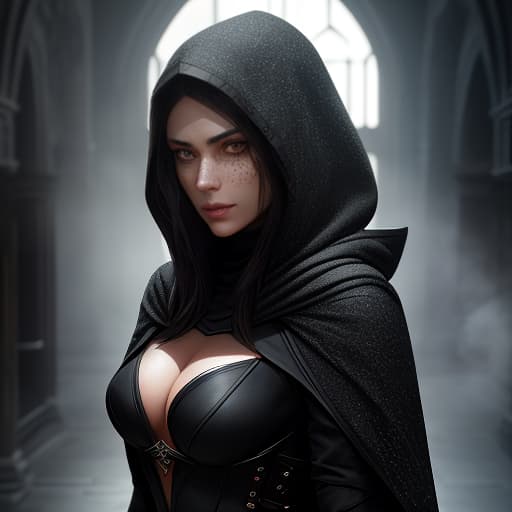  a thief girl from the DND; a dark cloak with a hood; fair skin; big gray eyes; very, very many freckles; straight black hair; A balaclava on the floor of the face. hyperrealistic, full body, detailed clothing, highly detailed, cinematic lighting, stunningly beautiful, intricate, sharp focus, f/1. 8, 85mm, (centered image composition), (professionally color graded), ((bright soft diffused light)), volumetric fog, trending on instagram, trending on tumblr, HDR 4K, 8K