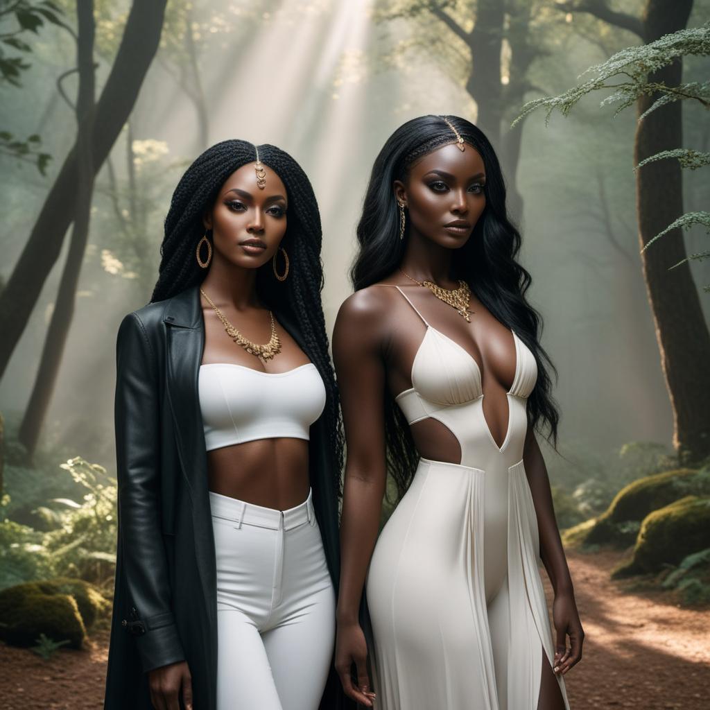  Two women with black skin, one representing Capricorn and the other representing Virgo, in a fantasy setting, lofi style hyperrealistic, full body, detailed clothing, highly detailed, cinematic lighting, stunningly beautiful, intricate, sharp focus, f/1. 8, 85mm, (centered image composition), (professionally color graded), ((bright soft diffused light)), volumetric fog, trending on instagram, trending on tumblr, HDR 4K, 8K