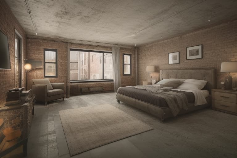  Bed Room, Peaceful, cozy, relaxation, sleep, comfort. The image presents an industrial loft theme, emphasizing raw textures, large windows, and a blend of cozy and rugged elements. Industrial loft bedroom with exposed brick walls, large windows, a simple gray bed, eclectic pillows, and vintage decor accents. industrial loft, bedroom, exposed brick walls, large windows, gray bed, eclectic pillows, vintage decor, cozy, rugged elements