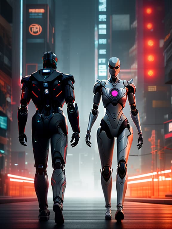  A man robot and a woman robot in gray metallic suits, standing and looking at each other, lit by an orange light, in a cyberpunk style, a futuristic style, with a dark background. hyperrealistic, full body, detailed clothing, highly detailed, cinematic lighting, stunningly beautiful, intricate, sharp focus, f/1. 8, 85mm, (centered image composition), (professionally color graded), ((bright soft diffused light)), volumetric fog, trending on instagram, trending on tumblr, HDR 4K, 8K