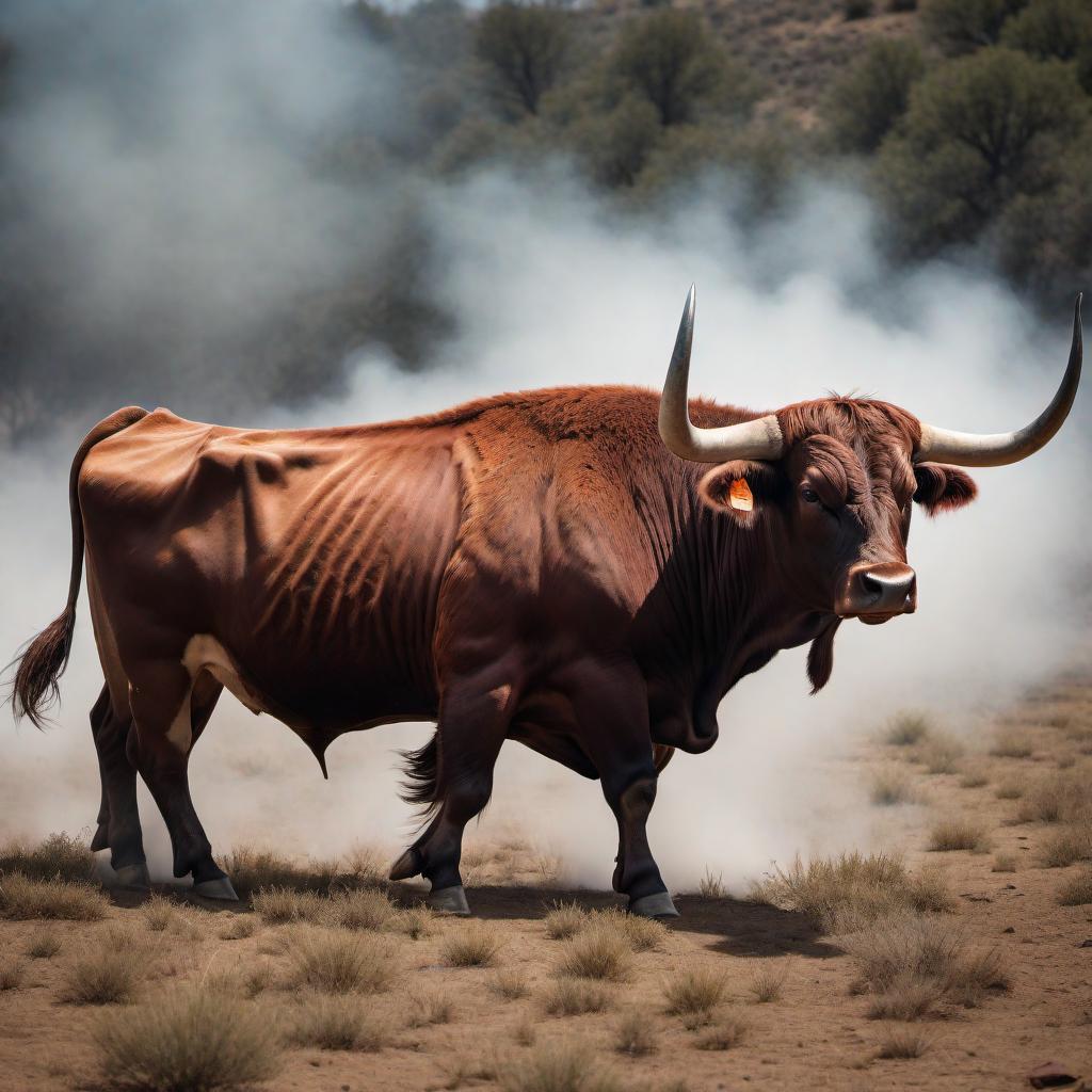  A muscular, fierce Longhorn Bull with its head lowered in an attacking or defending stance for the 'Longhorn Beef Jerky Co.' logo. The bull should have taut, defined muscles without saggy skin and strong, muscular hindquarters. It should have long, wide horns, red eyes, and a mean, aggressive expression. Smoke should be snorting from its nostrils to convey intensity and aggression. The overall design should have a rugged, rustic feel to align with the nature of the beef jerky business. The bull should look more aggressive and protective as if it is attacking or defending its herd. hyperrealistic, full body, detailed clothing, highly detailed, cinematic lighting, stunningly beautiful, intricate, sharp focus, f/1. 8, 85mm, (centered image composition), (professionally color graded), ((bright soft diffused light)), volumetric fog, trending on instagram, trending on tumblr, HDR 4K, 8K