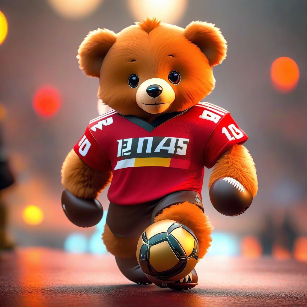  ethereal fantasy concept art of (Mascot):teddy bear, soft toy, football, game, mascot. (Appearance):dressed in a football uniform in the colours of the German national flag. In his paws holds a football. (Style:fantasy, cartoon) . magnificent, celestial, ethereal, painterly, epic, majestic, magical, fantasy art, cover art, dreamy, hkmagic hyperrealistic, full body, detailed clothing, highly detailed, cinematic lighting, stunningly beautiful, intricate, sharp focus, f/1. 8, 85mm, (centered image composition), (professionally color graded), ((bright soft diffused light)), volumetric fog, trending on instagram, trending on tumblr, HDR 4K, 8K