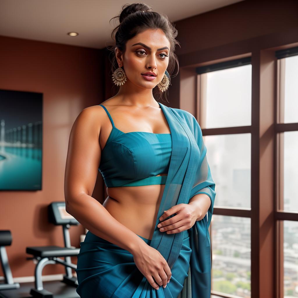  A young chubby woman in saree pallu drapery at Gym, Workout, Abs, Muscle, Phoebe Tonkin Face hyperrealistic, full body, detailed clothing, highly detailed, cinematic lighting, stunningly beautiful, intricate, sharp focus, f/1. 8, 85mm, (centered image composition), (professionally color graded), ((bright soft diffused light)), volumetric fog, trending on instagram, trending on tumblr, HDR 4K, 8K
