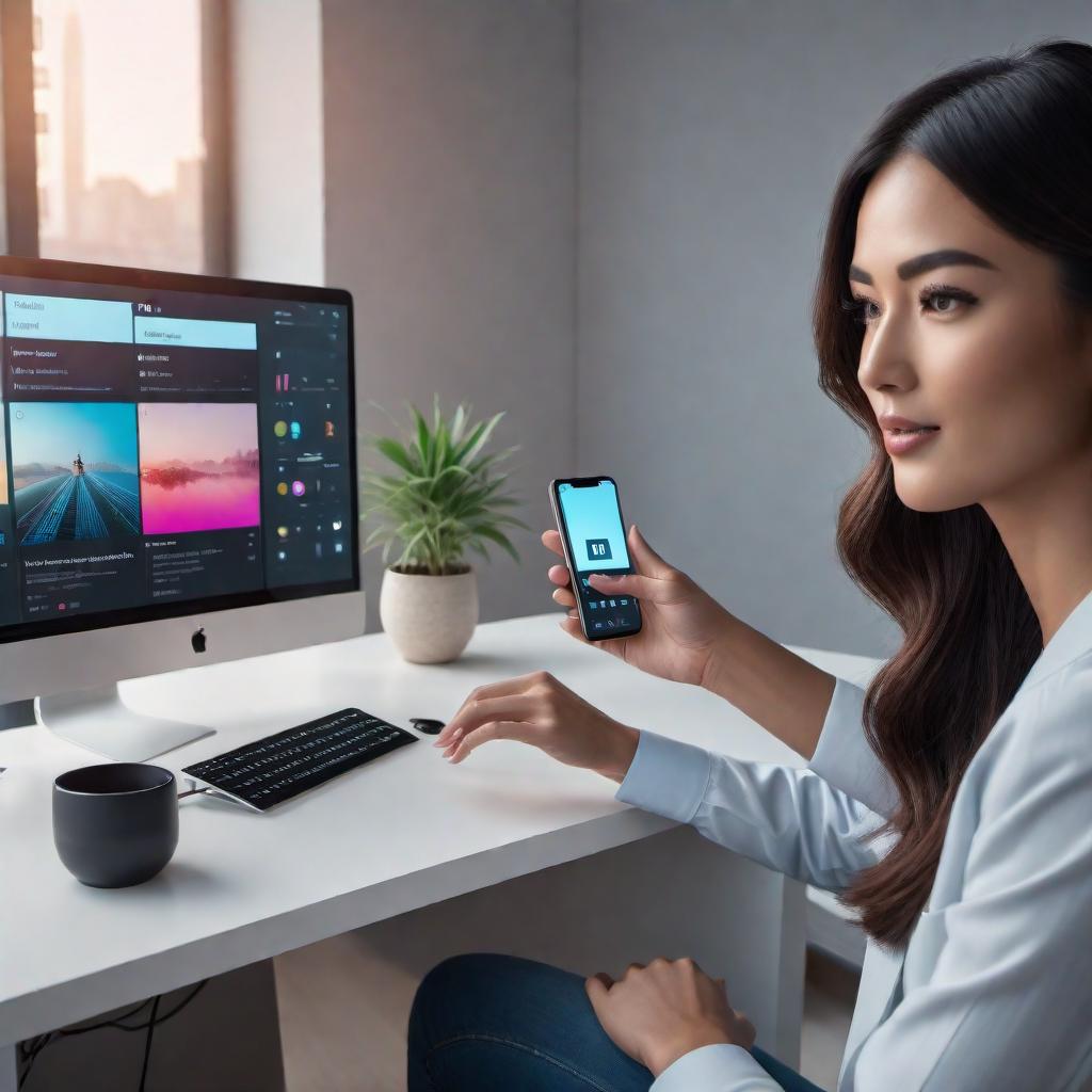  A friendly AI assistant helping a user create a viral TikTok video. The user is typing a message on their device, and the AI assistant is displaying a creative post on the device screen. hyperrealistic, full body, detailed clothing, highly detailed, cinematic lighting, stunningly beautiful, intricate, sharp focus, f/1. 8, 85mm, (centered image composition), (professionally color graded), ((bright soft diffused light)), volumetric fog, trending on instagram, trending on tumblr, HDR 4K, 8K