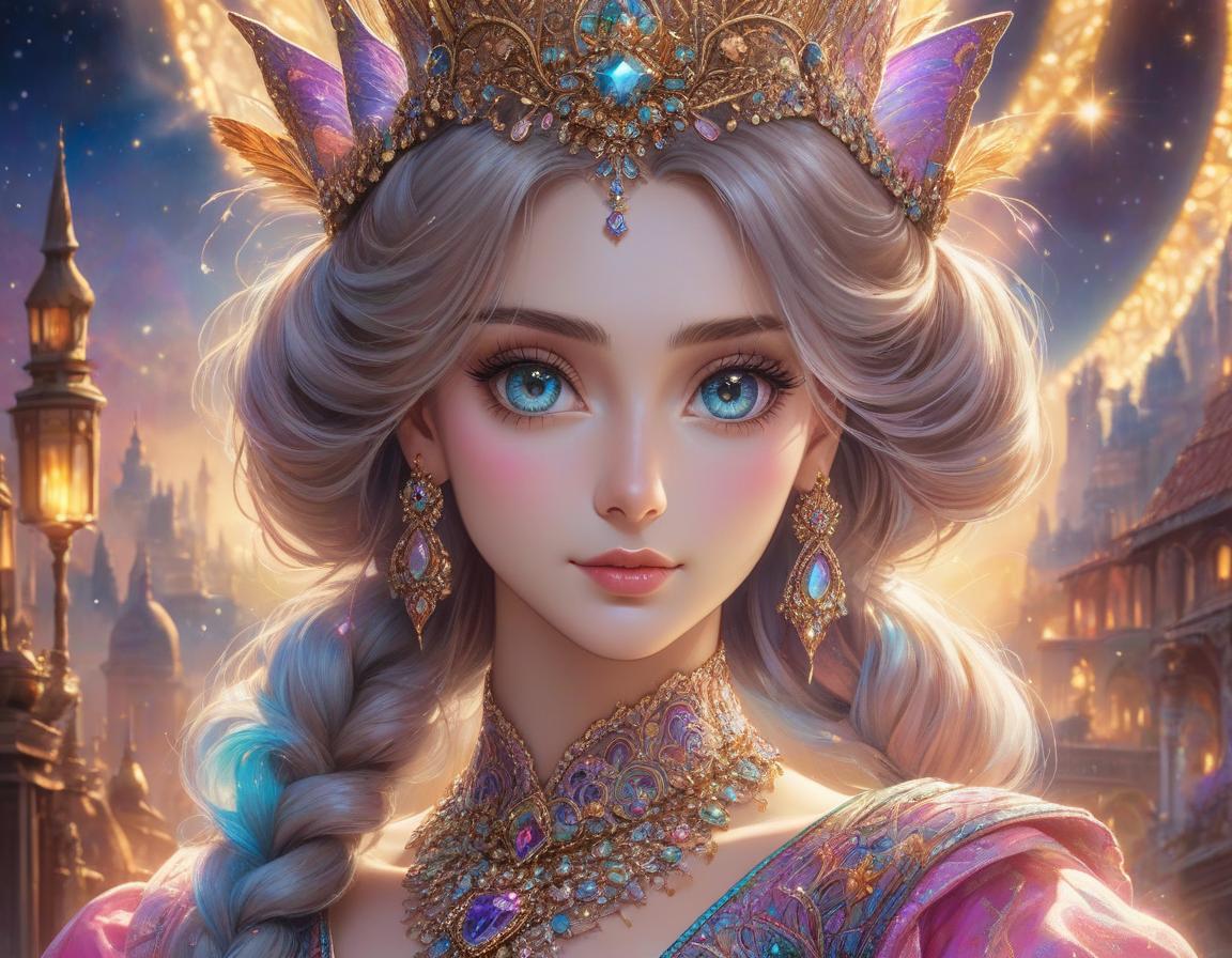  A digital artwork of a young with big eyes, wearing a jeweled crown and earrings, set against a starry, colorful backdrop. Watercolor in the style of Josephine Wall, Tomasz Allen Kopera, Dariusz Zawadzki, Andreja Peklar, Ivan Shiskine, portrait of a , with big brown sparkling eyes, slight smile, fanciful clothes, messy hairstyle, holding a small (ragdoll) in her arms with intricate details and precisely drawn drawing. hyperrealistic, full body, detailed clothing, highly detailed, cinematic lighting, stunningly beautiful, intricate, sharp focus, f/1. 8, 85mm, (centered image composition), (professionally color graded), ((bright soft diffused light)), volumetric fog, trending on instagram, trending on tumblr, HDR 4K, 8K