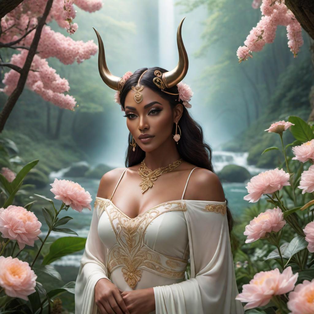  A Taurus goddess in a lofi fantasy scene. She stands in a tranquil, earthy setting surrounded by magic. The environment is infused with serene, mystical elements such as floating lights, blooming flowers, and gentle streams. The scene is set to the soothing vibes of lofi beats, with a dreamy, relaxed atmosphere. The Taurus symbol subtly integrated into the scene. hyperrealistic, full body, detailed clothing, highly detailed, cinematic lighting, stunningly beautiful, intricate, sharp focus, f/1. 8, 85mm, (centered image composition), (professionally color graded), ((bright soft diffused light)), volumetric fog, trending on instagram, trending on tumblr, HDR 4K, 8K