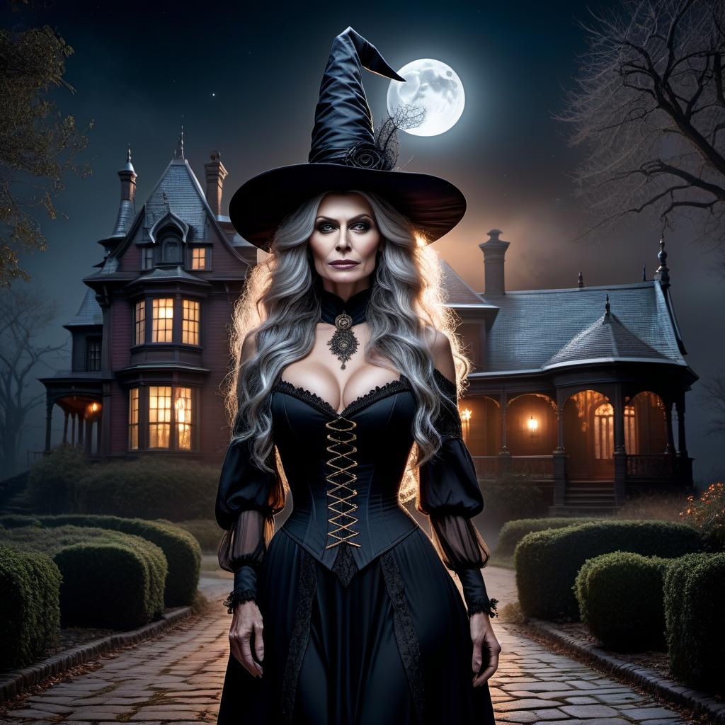  1. There's no hat on the horrifying face of the old witch showing, her wild and disheveled hair and hooked nose are sticking out. 2. A dry, wrinkled hand is lifted and stretching towards the viewer. 3. A sinister two story Victorian mansion looms in the background. 4. A night sky with a full moon above the house. hyperrealistic, full body, detailed clothing, highly detailed, cinematic lighting, stunningly beautiful, intricate, sharp focus, f/1. 8, 85mm, (centered image composition), (professionally color graded), ((bright soft diffused light)), volumetric fog, trending on instagram, trending on tumblr, HDR 4K, 8K