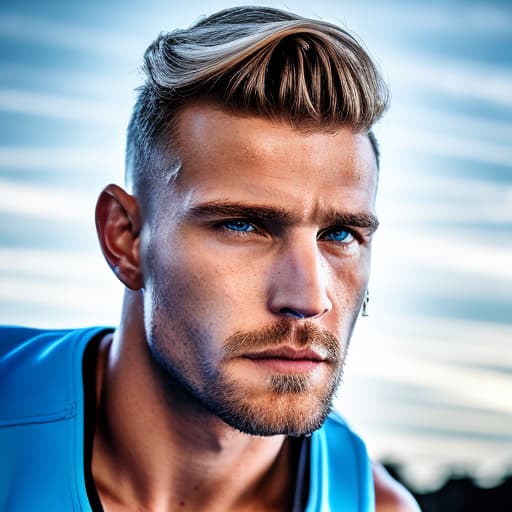 portrait+ style Russian queer fitness model blonde hunk dilf dude face