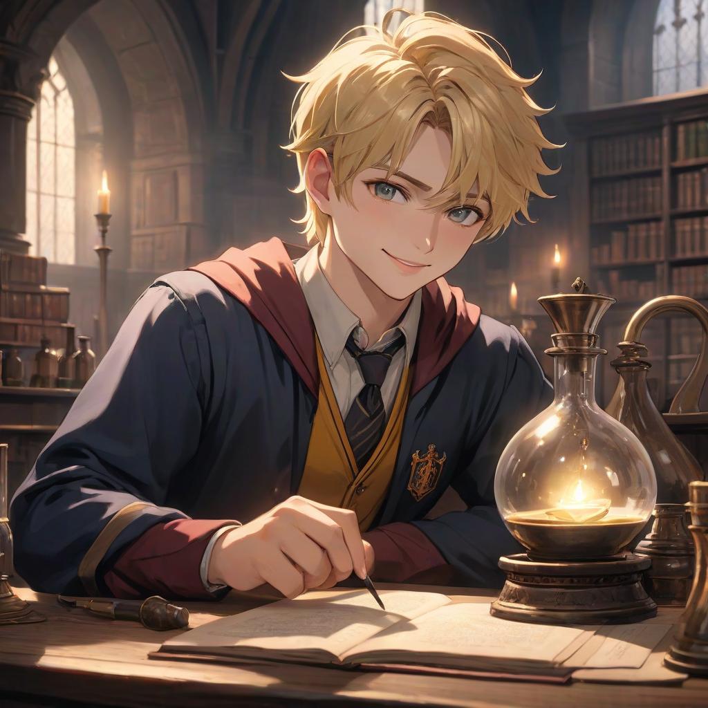  Clear lines, good detailing, high quality picture. Young man, student, blond, neat facial features, (sharp nose), (soft skin), (slightly parted lips). Sly smile, (beautiful fangs). Potions classroom, (Hogwarts), (lush lighting), (play of light), (glass flasks). Quality anatomy, realistic face, realistic body. hyperrealistic, full body, detailed clothing, highly detailed, cinematic lighting, stunningly beautiful, intricate, sharp focus, f/1. 8, 85mm, (centered image composition), (professionally color graded), ((bright soft diffused light)), volumetric fog, trending on instagram, trending on tumblr, HDR 4K, 8K