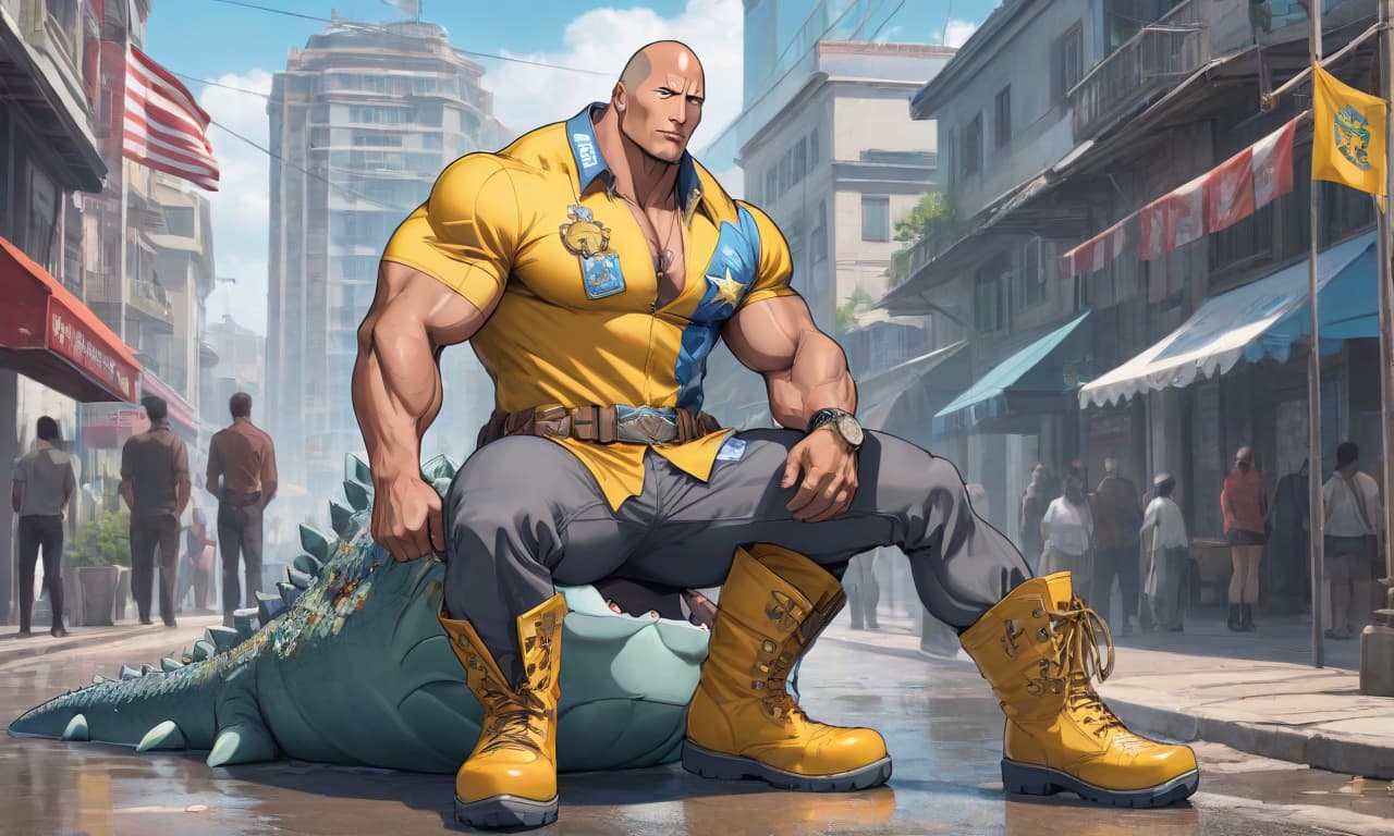  anime artwork The ruler of the city state of Anapa named Grey (Dwayne Johnson in a crocs boots costume) , the city state of Anapa with the ideology of capitalism, the flag of the city state of Anapa with the ideology of capitalism on the background . anime style, key visual, vibrant, studio anime, highly detailed hyperrealistic, full body, detailed clothing, highly detailed, cinematic lighting, stunningly beautiful, intricate, sharp focus, f/1. 8, 85mm, (centered image composition), (professionally color graded), ((bright soft diffused light)), volumetric fog, trending on instagram, trending on tumblr, HDR 4K, 8K