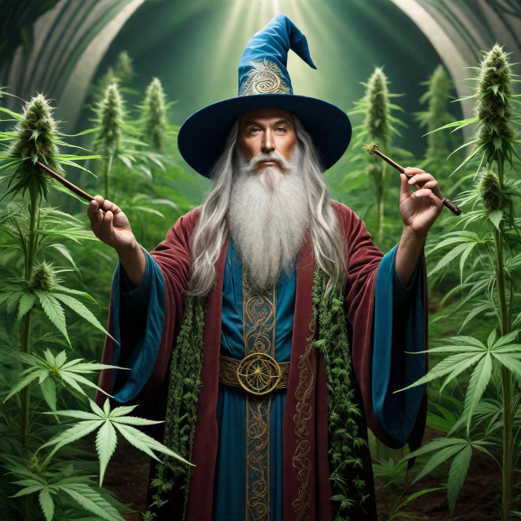  A wizard waving his wand around a circle of nutrients, with cannabis plants growing inside the twirling nutrients. The style should be magical and detailed, with vibrant colors to capture attention. The wizard should have a long flowing robe, a pointy hat, and appear wise and mystical. The circle of nutrients should be depicted as an energetic swirl or vortex around the cannabis plants, giving a sense of magical growth. hyperrealistic, full body, detailed clothing, highly detailed, cinematic lighting, stunningly beautiful, intricate, sharp focus, f/1. 8, 85mm, (centered image composition), (professionally color graded), ((bright soft diffused light)), volumetric fog, trending on instagram, trending on tumblr, HDR 4K, 8K