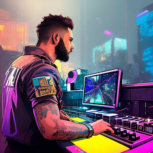 nvinkpunk DJ at the console, graffiti, pop art hyperrealistic, full body, detailed clothing, highly detailed, cinematic lighting, stunningly beautiful, intricate, sharp focus, f/1. 8, 85mm, (centered image composition), (professionally color graded), ((bright soft diffused light)), volumetric fog, trending on instagram, trending on tumblr, HDR 4K, 8K