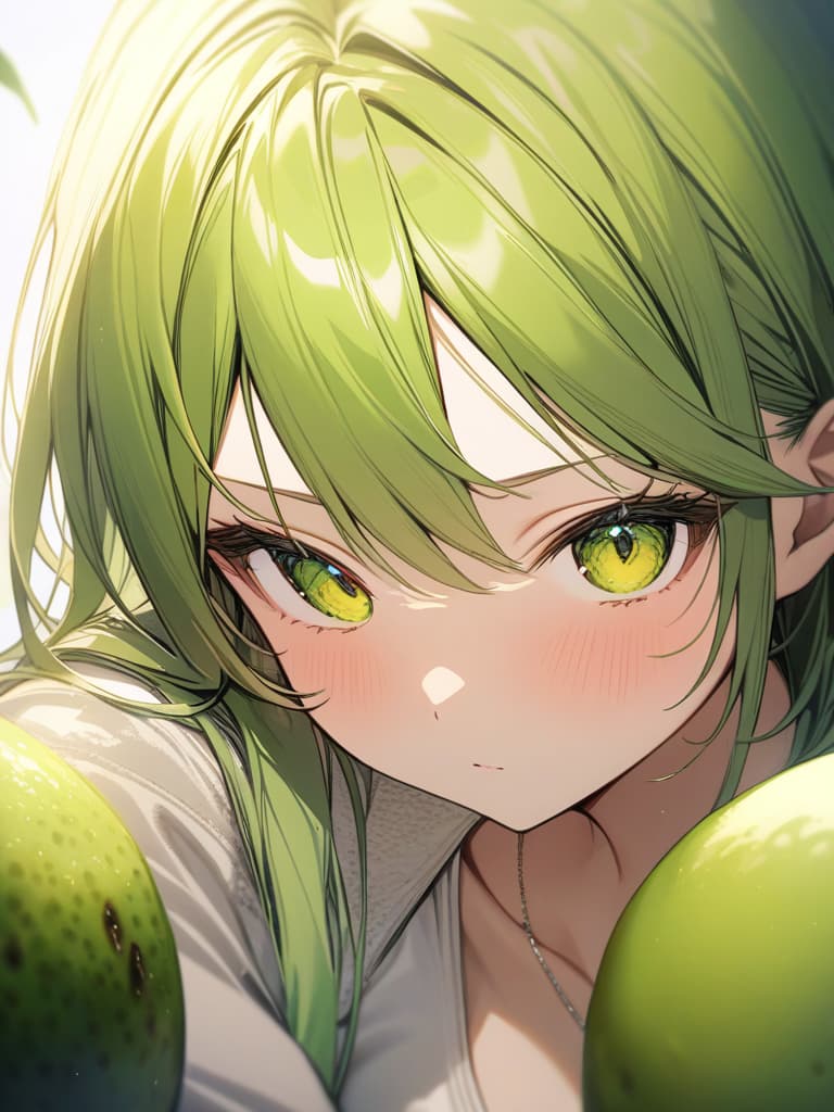  Cute, , long hair, thin body, kiwi fruit, kiwi decoration, yellow green eyes, eyes, yellow green hair, half tail, masterpiece, best quality,8k,ultra detailed,high resolution,an extremely delicate and beautiful,hyper detail