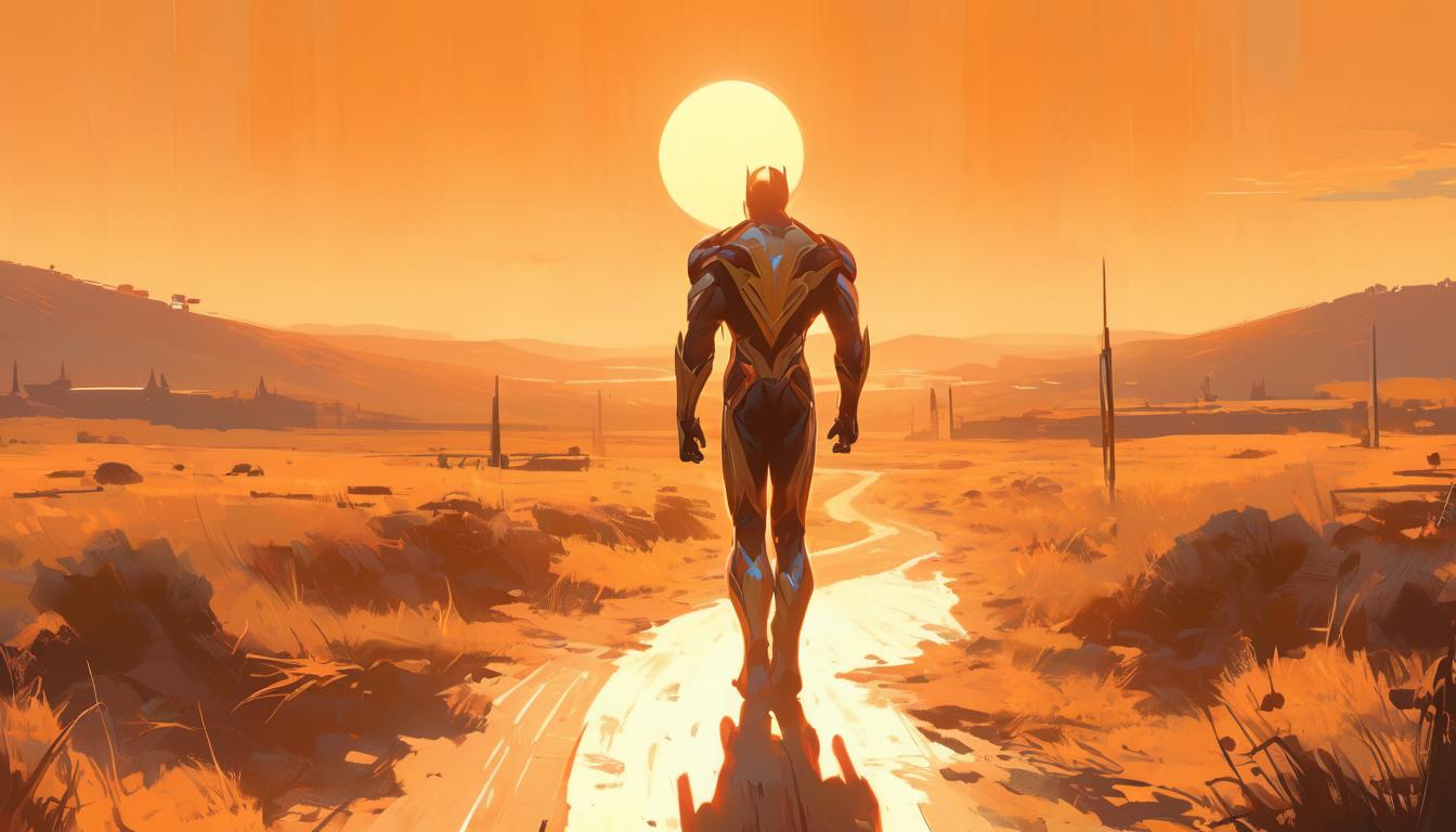  hyperrealism,fantasy aestheticA person walking alone on a well trodden path, long shadows cast by the setting sun, open fields on either side, routine, solitude, high tech clothing clad in sleek, futuristic costume with metallic accents and form fitting designs, marvel superhero comics style, unreal engine rendering