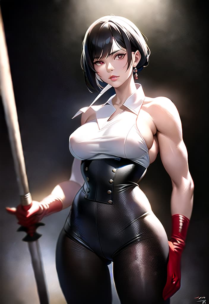  Black hair, berry short hair, beautiful woman, white dress shirt, red corset, black leather pants, muscles, always have Japanese swords, Be sure to draw from the head to the thigh, the background is outdoor, (Masterpiece, BestQuality:1.3), (ultra detailed:1.2), (hyperrealistic:1.3), (RAW photo:1.2),High detail RAW color photo, professional photograph, (Photorealistic:1.4), (realistic:1.4), ,professional lighting, (japanese), beautiful face, (realistic face)