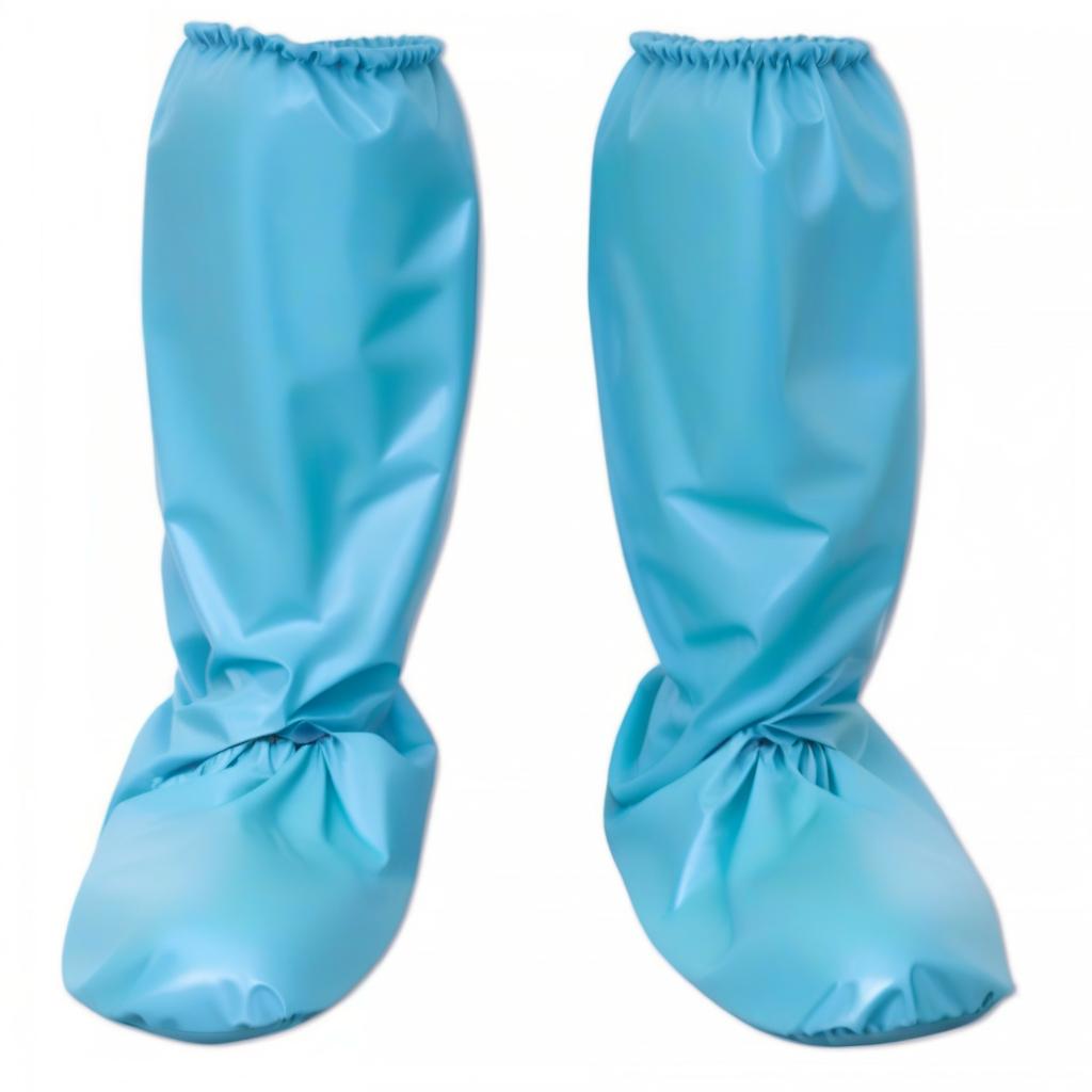  High Surgical Shoe Covers: {Shoe covers are secured around the ankle with tape ties and an elastic cuff under the knee}. (the lower part of shoe cover: 1.1) covers the entire foot (from sole to ankle: 1.1) (covered with glossy dark blue latex: 1.1) and (the upper part of shoe cover: 1.1) fits snugly to the calf (ankle to knee: 1.1 ) (coated with glossy dark green latex: 1.1). hyperrealistic, full body, detailed clothing, highly detailed, cinematic lighting, stunningly beautiful, intricate, sharp focus, f/1. 8, 85mm, (centered image composition), (professionally color graded), ((bright soft diffused light)), volumetric fog, trending on instagram, trending on tumblr, HDR 4K, 8K